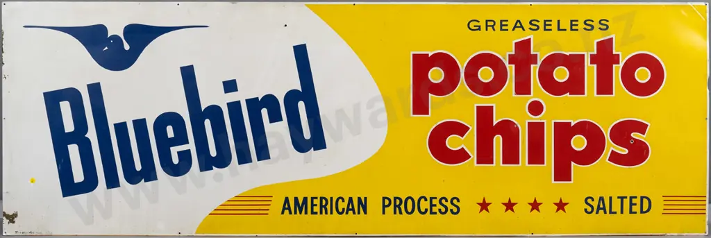 large enamel metal Bluebird Potato Chip sign - Firth Signs Wellington 1967 - minor chips and wear H-610 W-1850 Image 1++