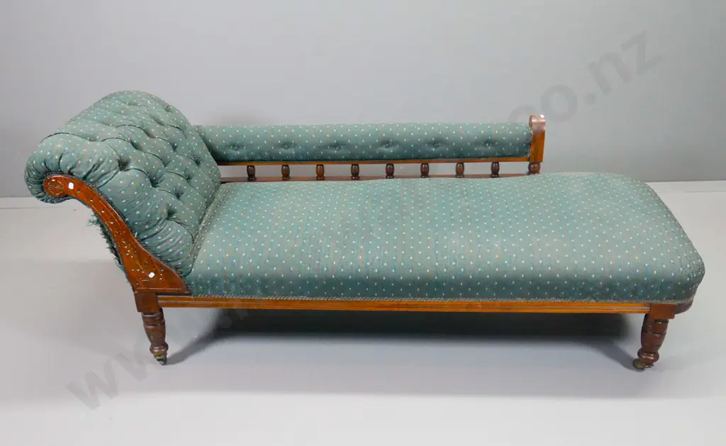 Edwardian chaise longue - deep button damask rolled end, porcelain casters, carved facings, some splts H750 L1900 D700 Image 1++