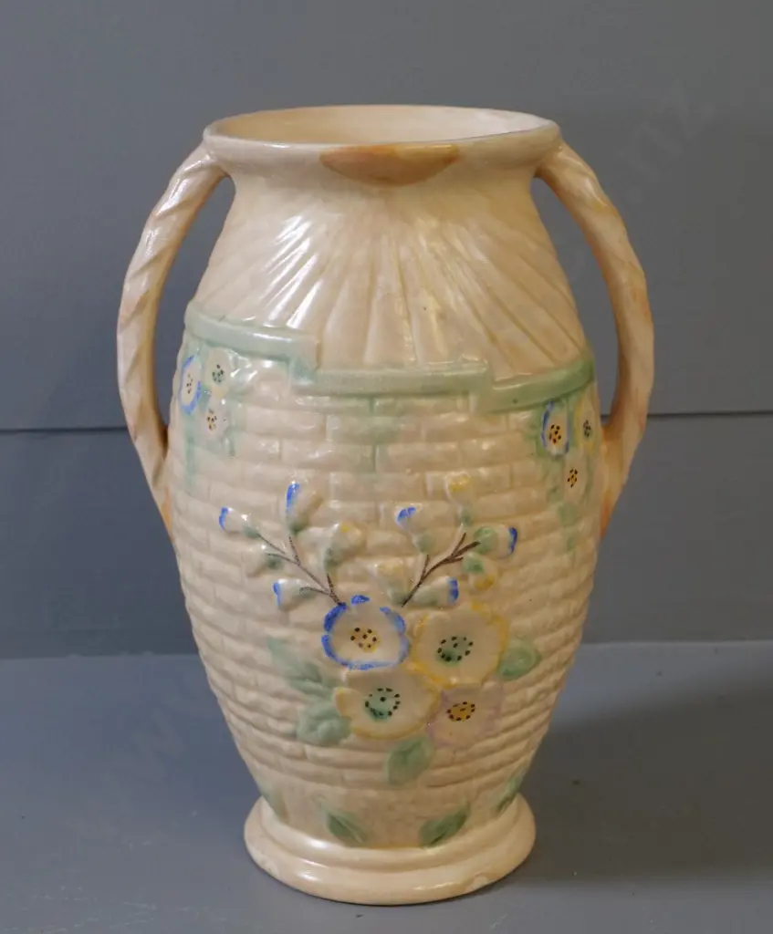 raised pattern handled vase (Arthur Wood?) - small chips to blue flower on one side. H-260 Image 1++