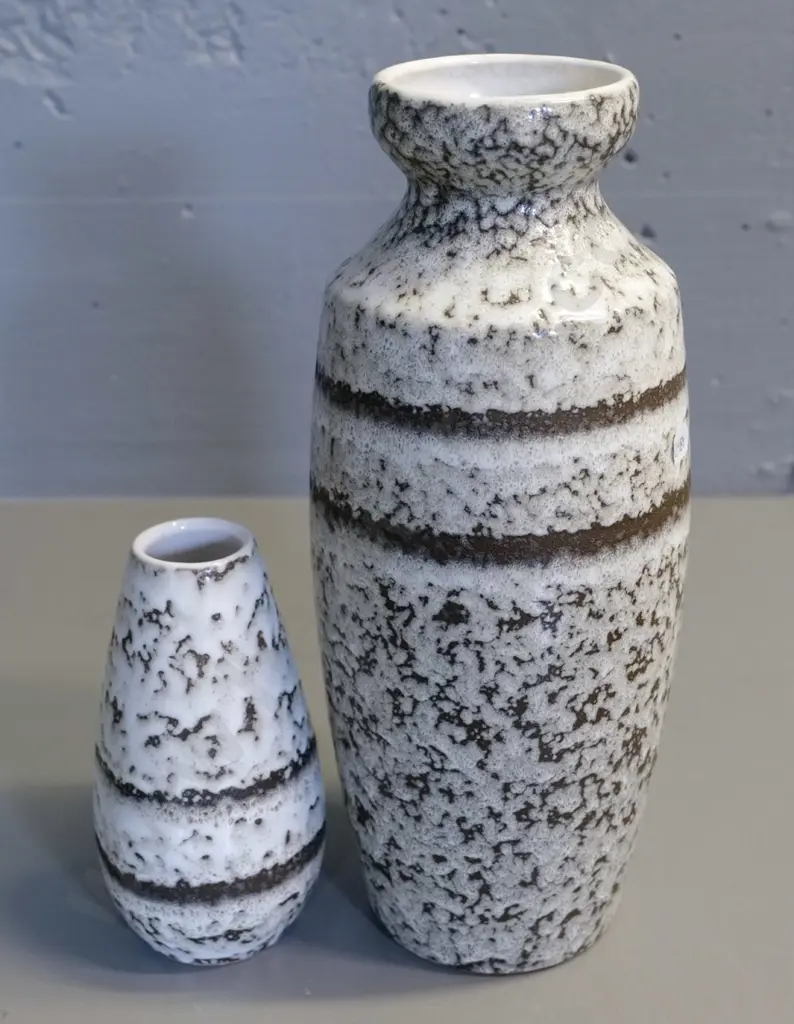 2 German pottery stipple glaze vases, smaller numbered 455, taller is H-310 Image 1++