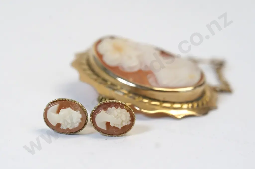 cameo brooch stamped 9ct & cameo earrings stamped 925 Image 1++