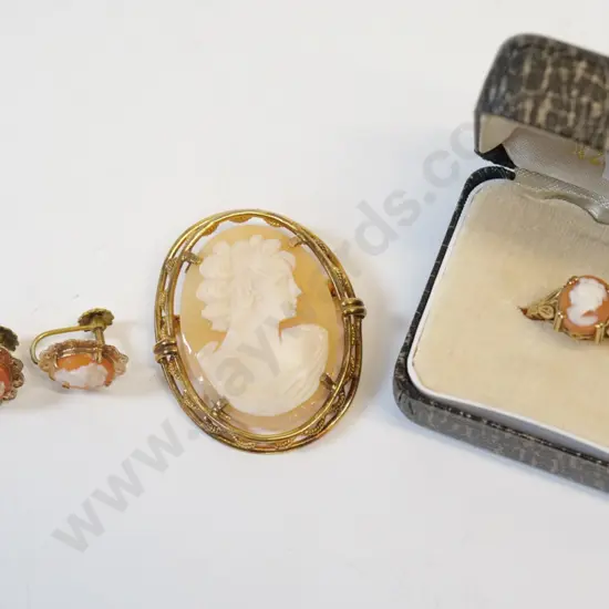 cameo brooch [rolled gold], ring [9ct] & earring [9ct screw on]