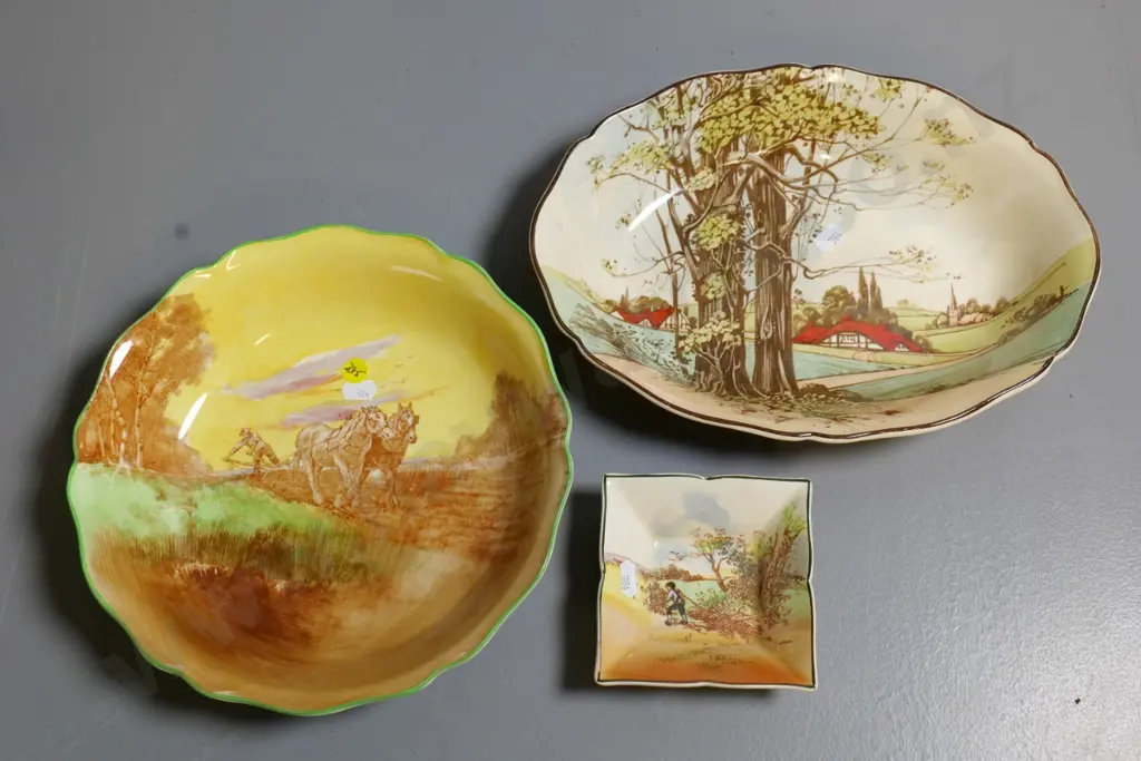 2 Royal Doulton bowls and small dish - rural or rustic scenes. Larger bowl D-240 Image 1++