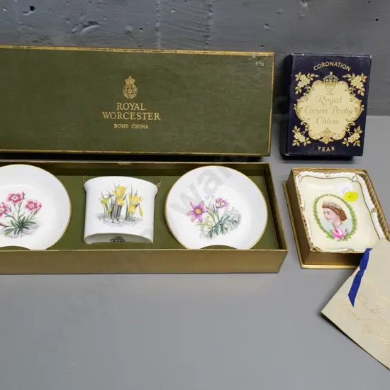 Royal Worcester botanical sweet dish and small vase set and Royal Crown Derby Coronation dish - both in original boxes