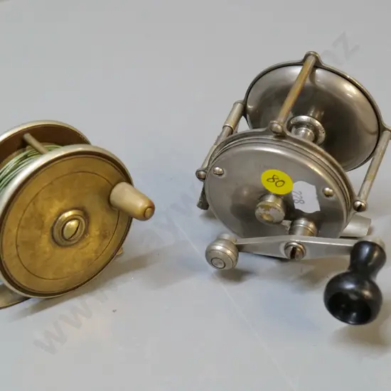 2 vintage fishing reels - brass with bone handle & metal 4 Brothers Beacon, patent 1905, D-70