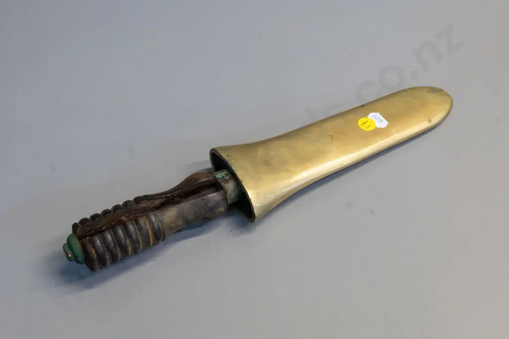 WWII era Siebe Gorman diving knife & heavy brass scabbard, corrosion and major split to wooden handle L-350 Image 1++