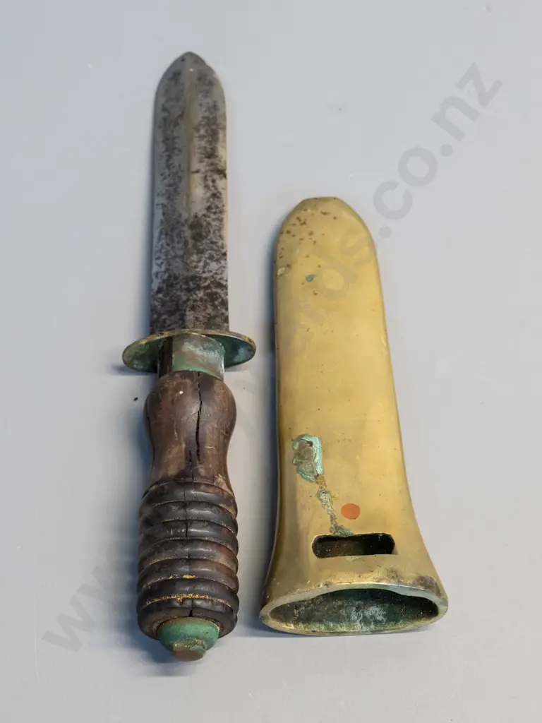 WWII era Siebe Gorman diving knife & heavy brass scabbard, corrosion and major split to wooden handle L-350 Image 1++