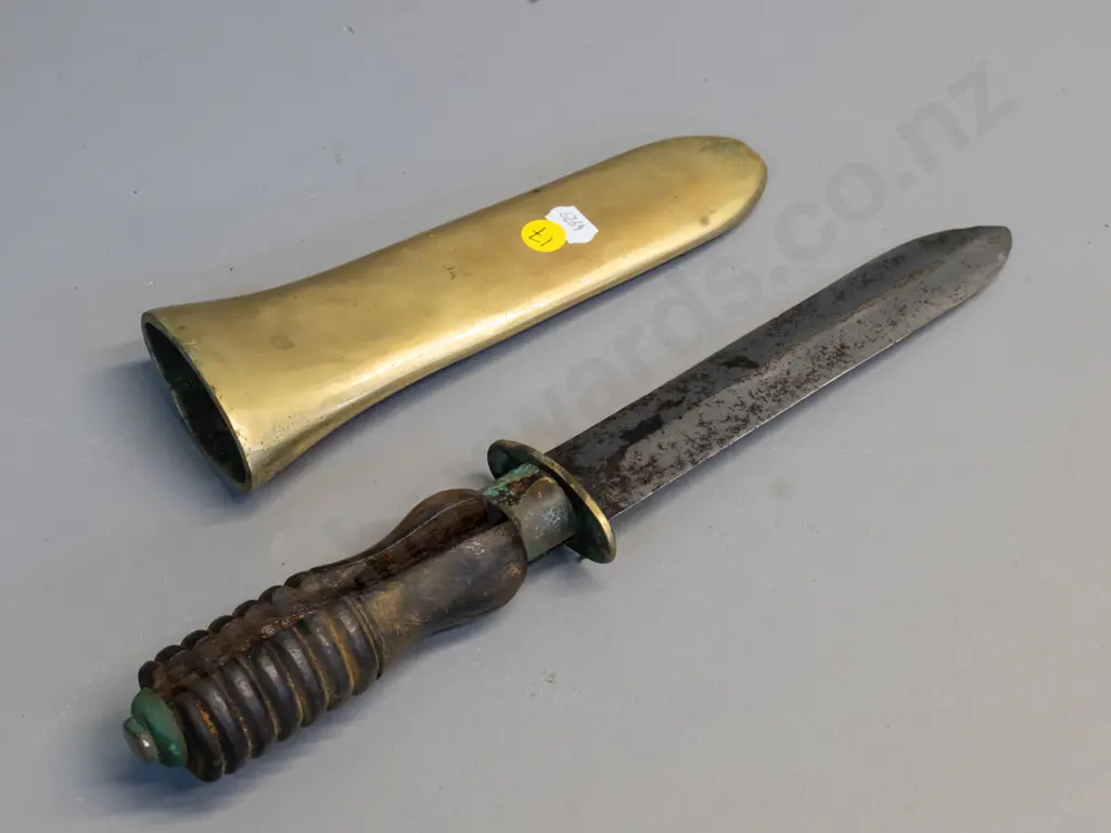 WWII era Siebe Gorman diving knife & heavy brass scabbard, corrosion and major split to wooden handle L-350 Image 1++