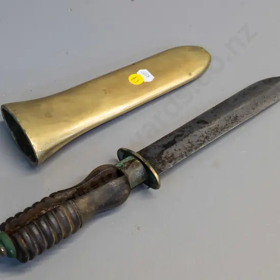 WWII era Siebe Gorman diving knife & heavy brass scabbard, corrosion and major split to wooden handle L-350