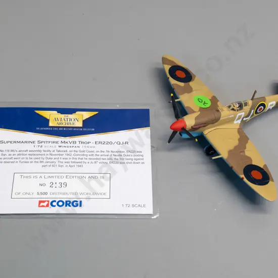 Corgi 1:72 die-cast RAF Supermarine Spitfighter MKVB fighter with limited edition certificate card