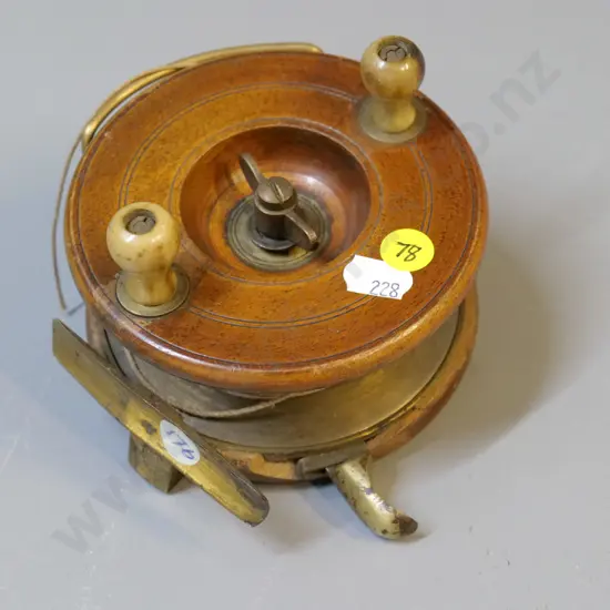 vintage Allcock & Co wood, brass and bone fishing reel - diameter 110