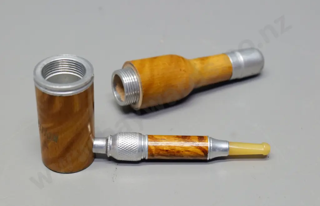 novelty collapsible wood and metal smoker's pipe marked 'Dunedin Exhibition' L-150 collapsed Image 1++