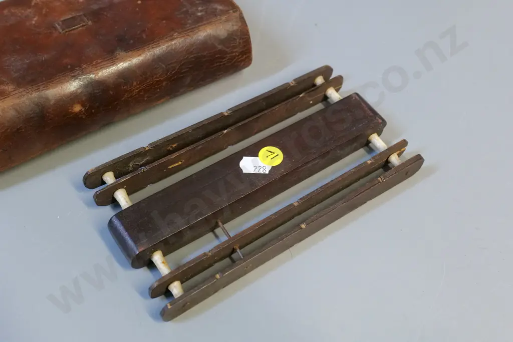 vintage wooden fly fishing float winder and leather compendium case L-190 W-100 Image 1++