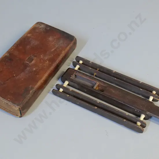vintage wooden fly fishing float winder and leather compendium case L-190 W-100