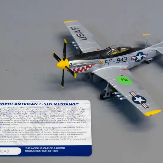 Corgi 1:72 die-cast USAF F-51D Mustang fighter with limited edition certificate card