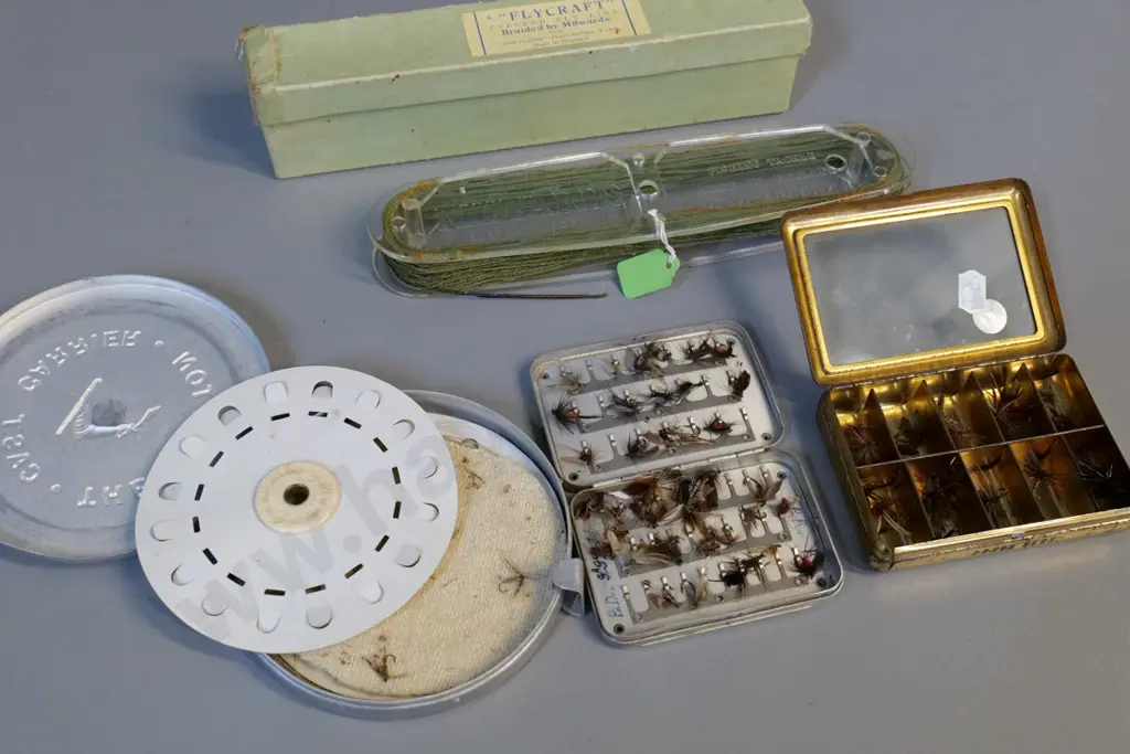 3 tins of small fishing flies and a Milward's Tapered Fly Line holder with original box Image 1++
