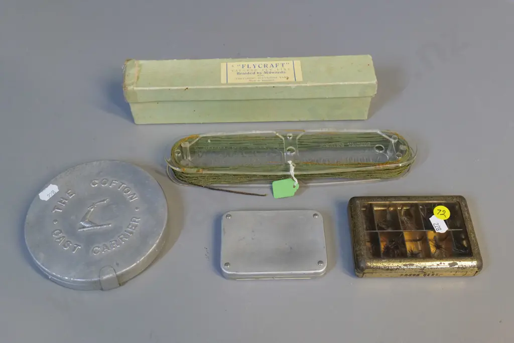 3 tins of small fishing flies and a Milward's Tapered Fly Line holder with original box Image 1++