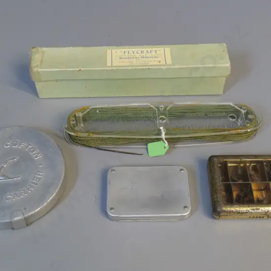 3 tins of small fishing flies and a Milward's Tapered Fly Line holder with original box