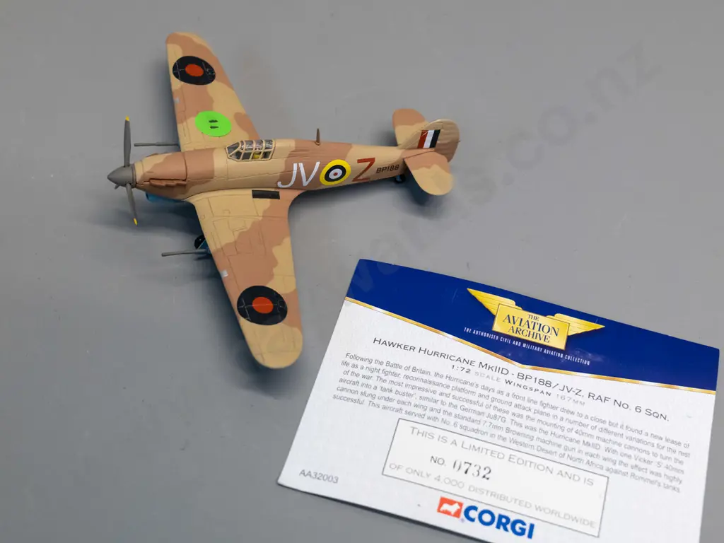 Corgi 1:72 die-cast RAF Hawker Hurricane Tankbuster with limited edition certificate card Image 1++