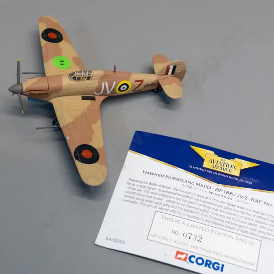 Corgi 1:72 die-cast RAF Hawker Hurricane Tankbuster with limited edition certificate card