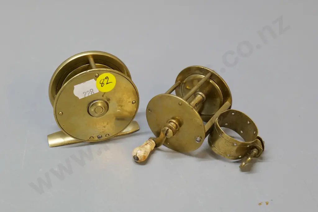 2 vintage small brass fishing reels with bone handles, no maker's marks, larger one D-70, engraved with initials AHMT Image 1++