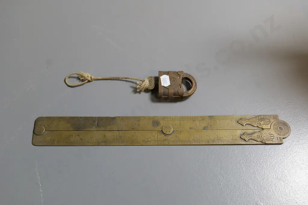 vintage folding brass rule marked John Rabone & Sons L-315 and Yale padlock with key Image 1++