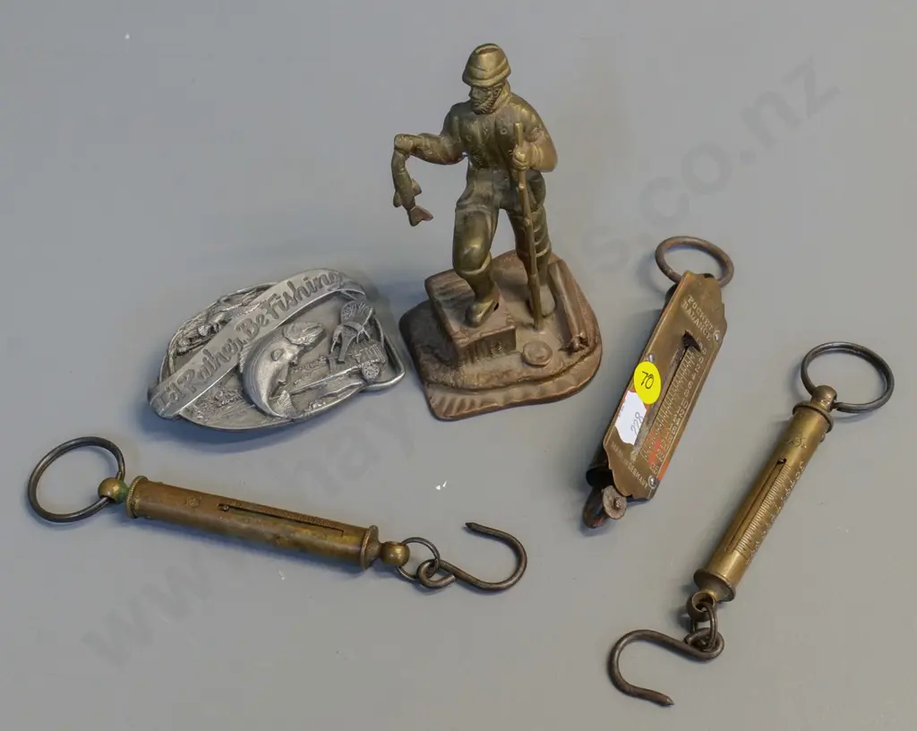 fly fishing items - 3 brass spring scales - Cocaco Germany & 2 Salter England - belt buckle & brass figure H130 Image 1++