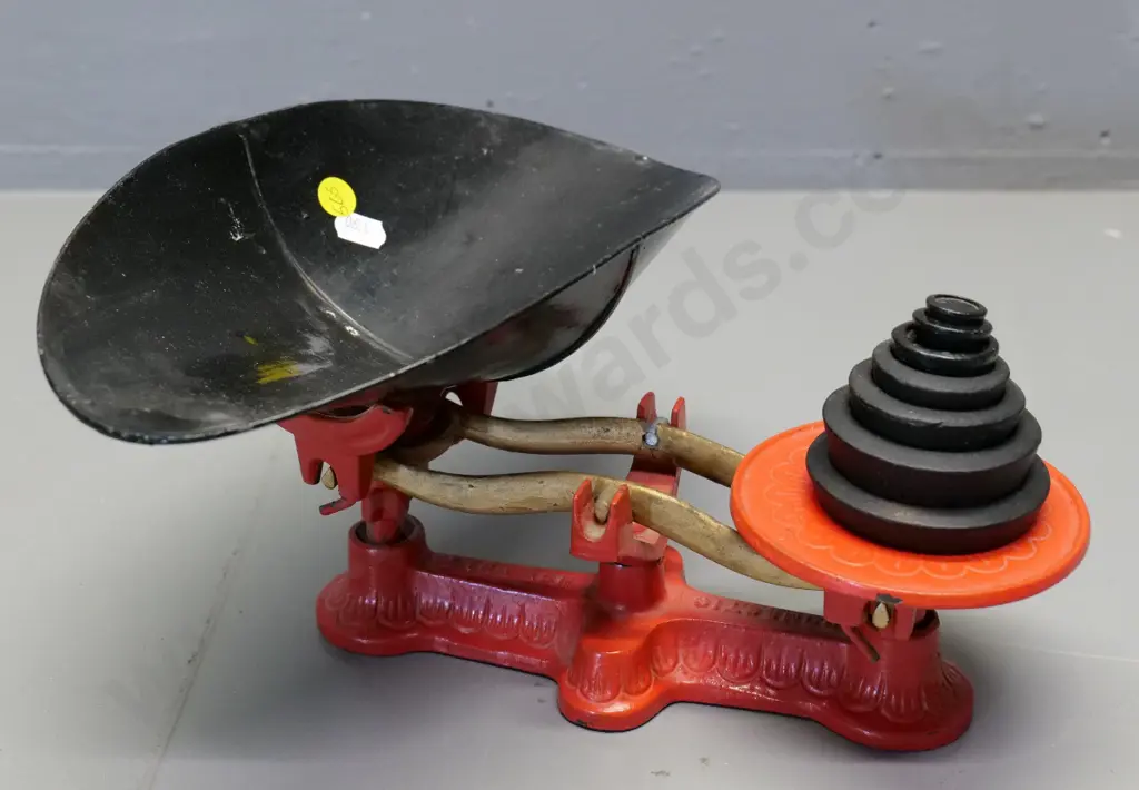 vintage red painted balance scales marked 'Domestic Use Only' 0 and weights H-150 W-300 Image 1++
