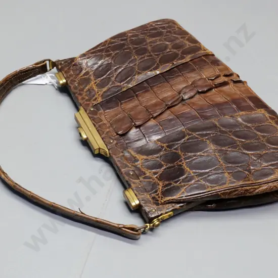 vintage crocodile handbag with suede lining, including folding nail file H-190 W-270