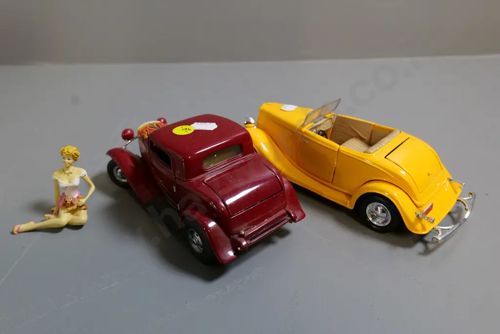 2 die-cast model cars - Franklin Mint Deuce Coupe and 1:24 Ford Coupe, unknown maker, and a figurine Image 1++