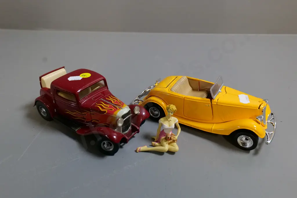 2 die-cast model cars - Franklin Mint Deuce Coupe and 1:24 Ford Coupe, unknown maker, and a figurine Image 1++