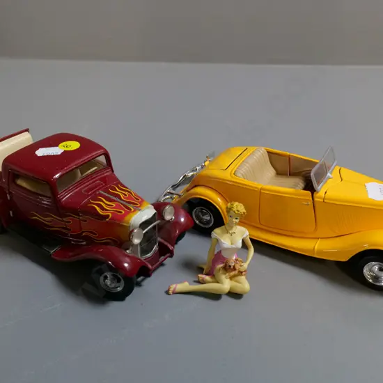 2 die-cast model cars - Franklin Mint Deuce Coupe and 1:24 Ford Coupe, unknown maker, and a figurine