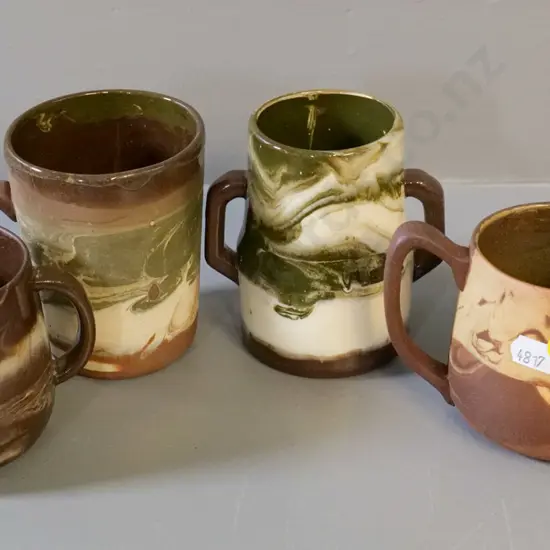Temuka pottery - 4 pieces Te Rona swirl glaze, various colours - 3 double-handled sugar bowls, vase H100, coffee mug