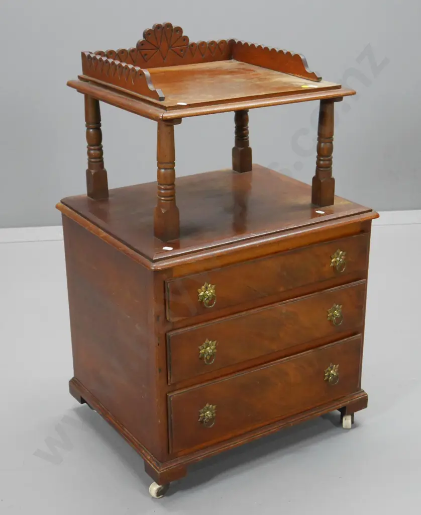 Victorian mahogany 3-drawer chest, top shelf, carved gallery, polish needs work, 1 caster needs work H840 W530 D410 Image 1++
