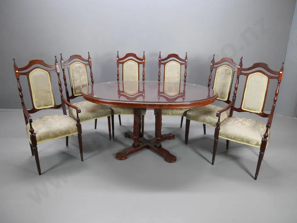 reproduction Queen Anne oval mahogany dining table with 6 high back upholstered chairs (some marks) Image 1++