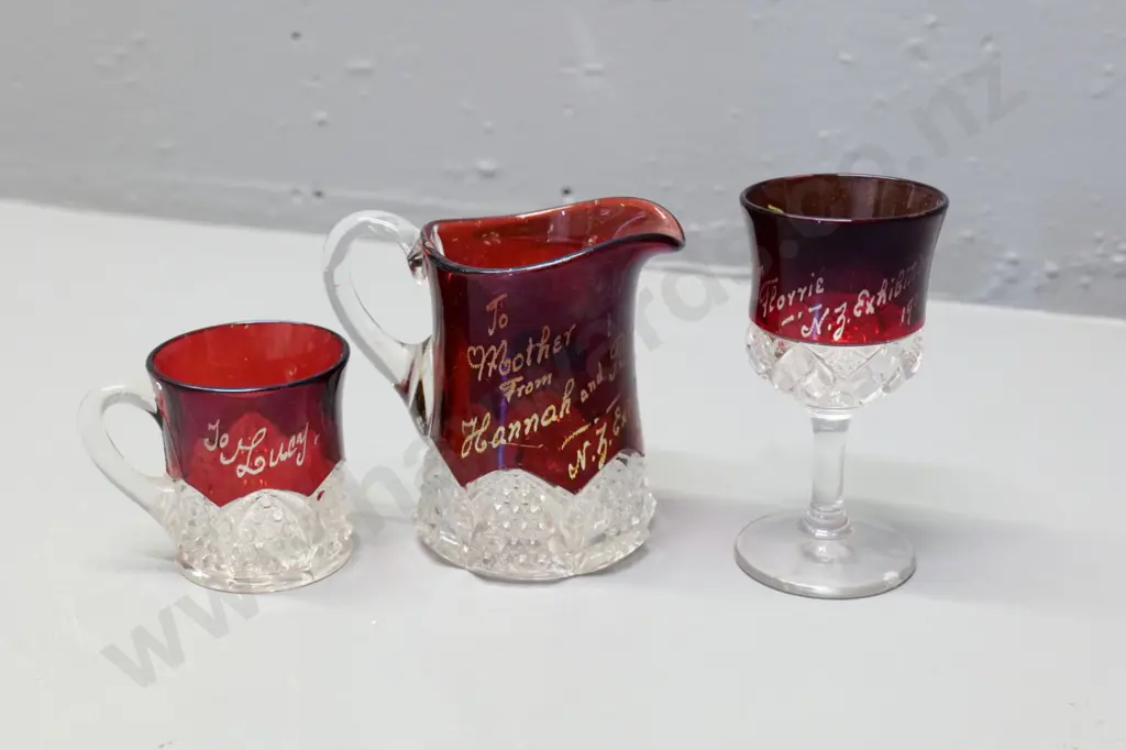 3 pieces of ruby and clear glass 1907 Exhibition souvenir ware - stemmed glass is H-105 Image 1++