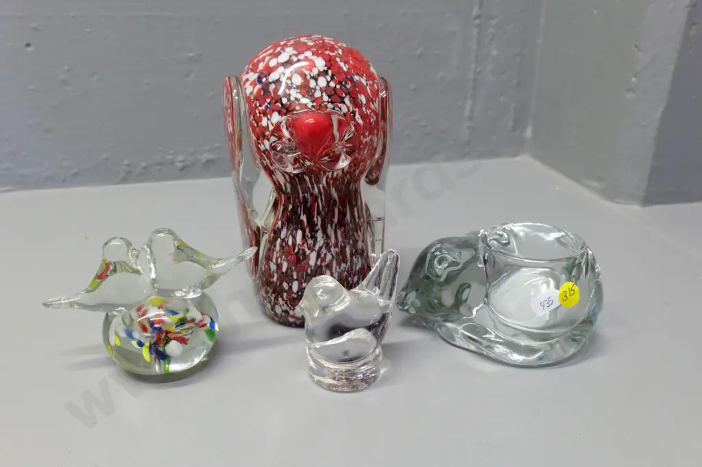 3 art glass paperweight / ornaments, cat with bird is 2-piece, larger figure is H-180 Image 1++
