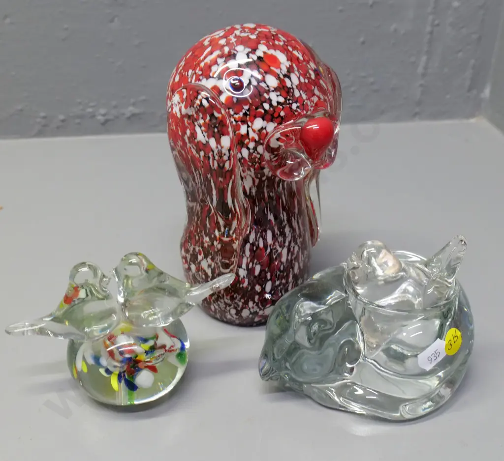 3 art glass paperweight / ornaments, cat with bird is 2-piece, larger figure is H-180 Image 1++