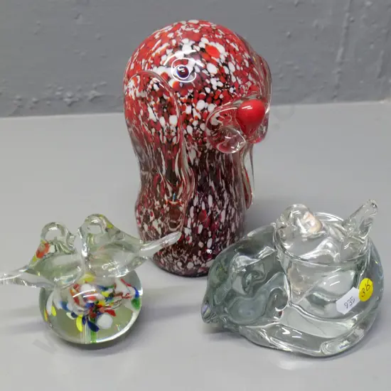 3 art glass paperweight / ornaments, cat with bird is 2-piece, larger figure is H-180