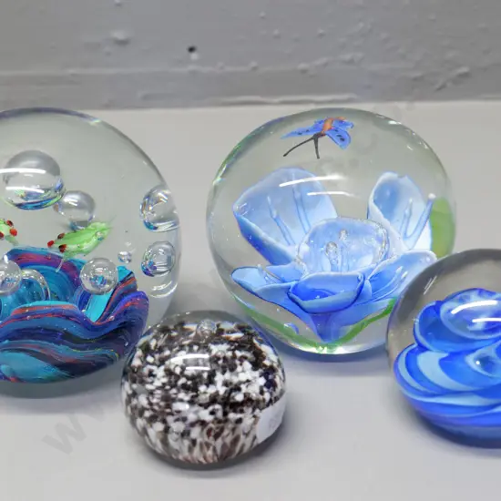 4 art glass paperweights - largest is H-90 D-90