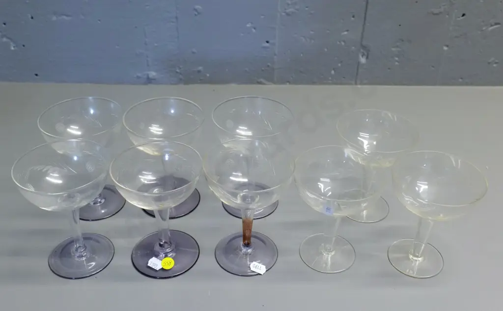 9 etched hollow-stemmed champagne glasses - set of 6 plus 3 others, one has discolouration Image 1++