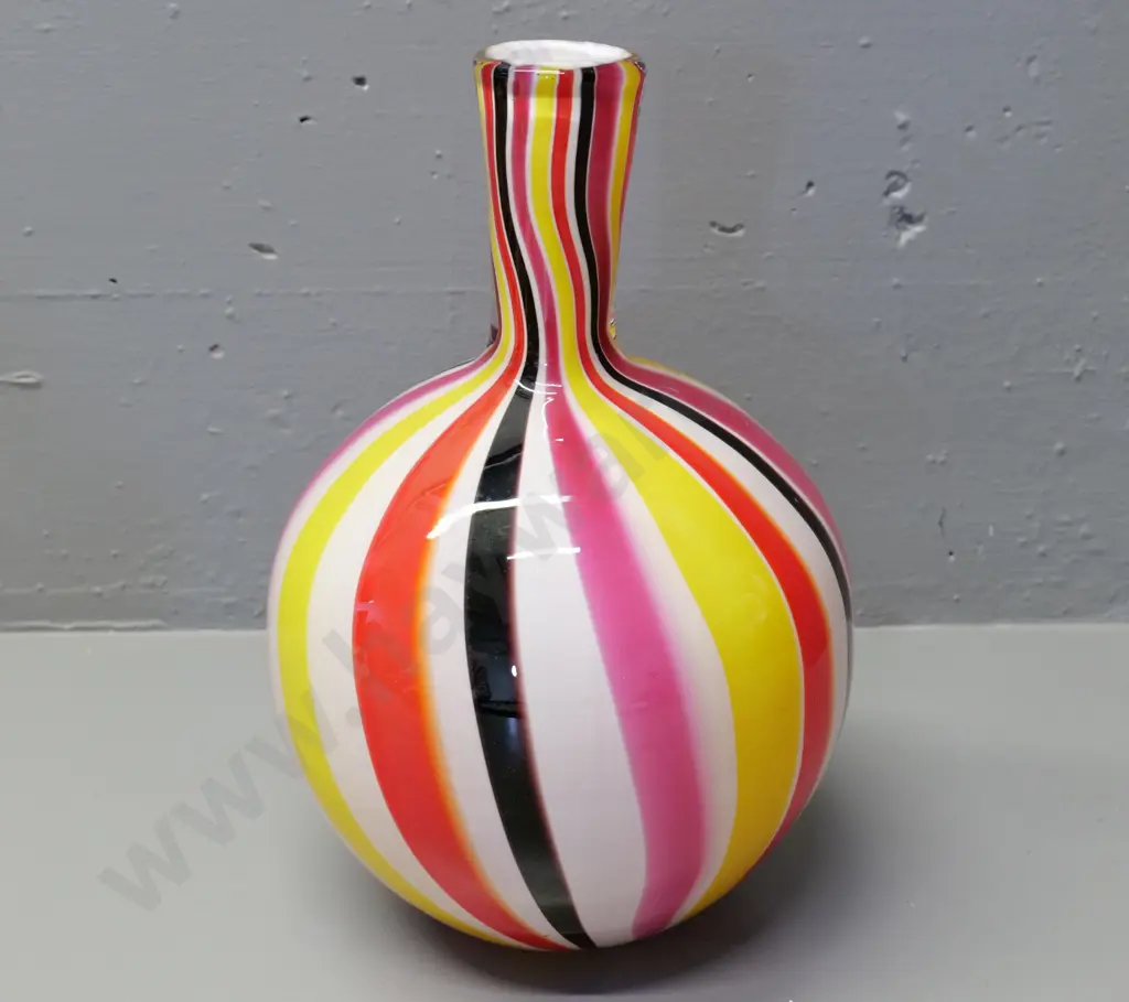 heavy art glass vase - red, yellow and pink stripes over white H-300 D-210 at widest Image 1++