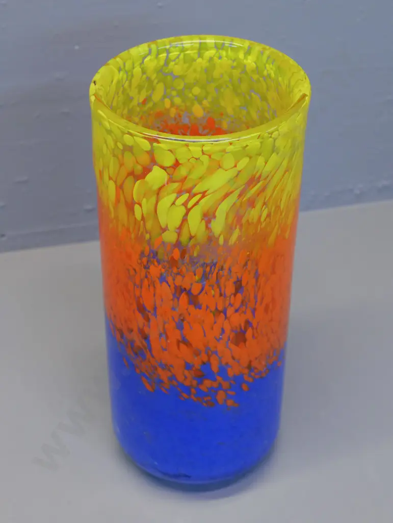 heavy art glass vase - mottled yellow, orange and blue H-310 Image 1++