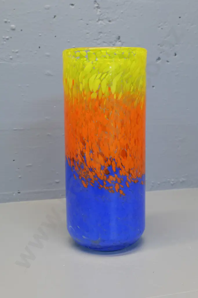 heavy art glass vase - mottled yellow, orange and blue H-310 Image 1++
