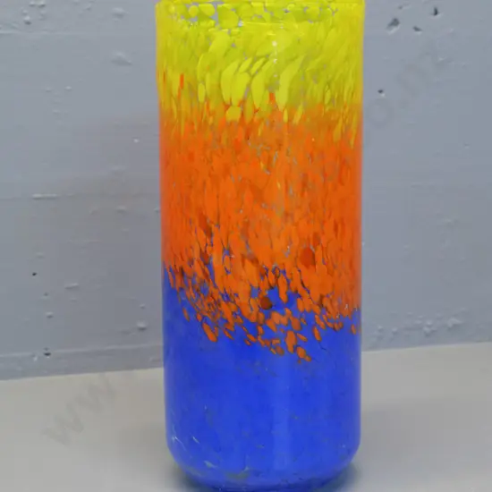 heavy art glass vase - mottled yellow, orange and blue H-310