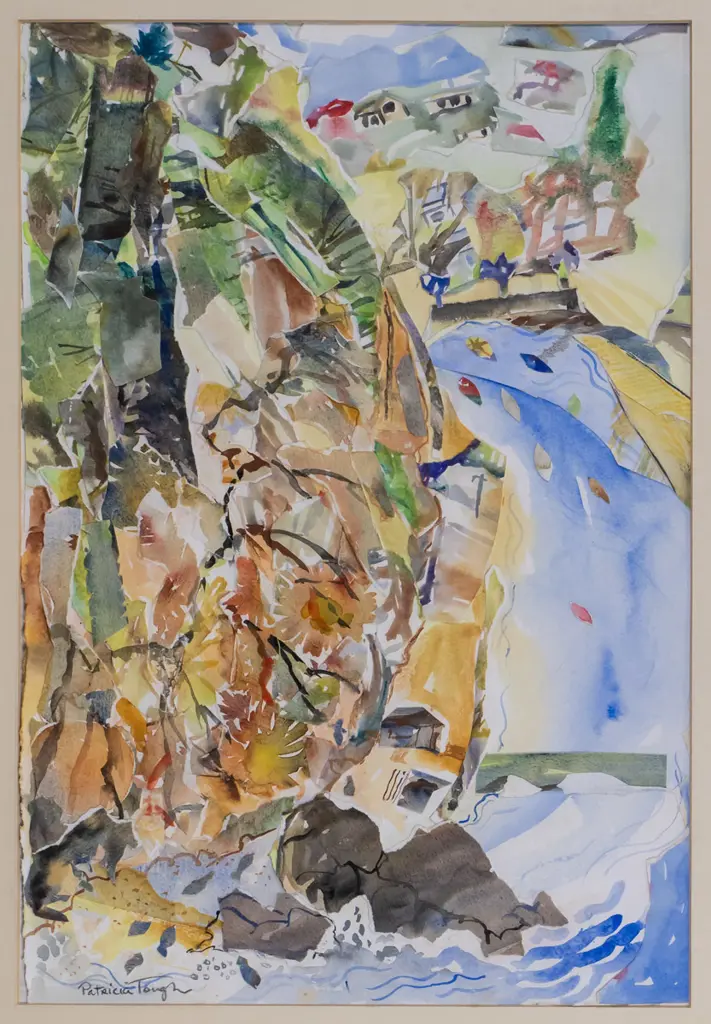 mounted Patricia Tough watercolour collage "Penguins Arrive Cape Wanbrow" H-550 W-370 Image 1++