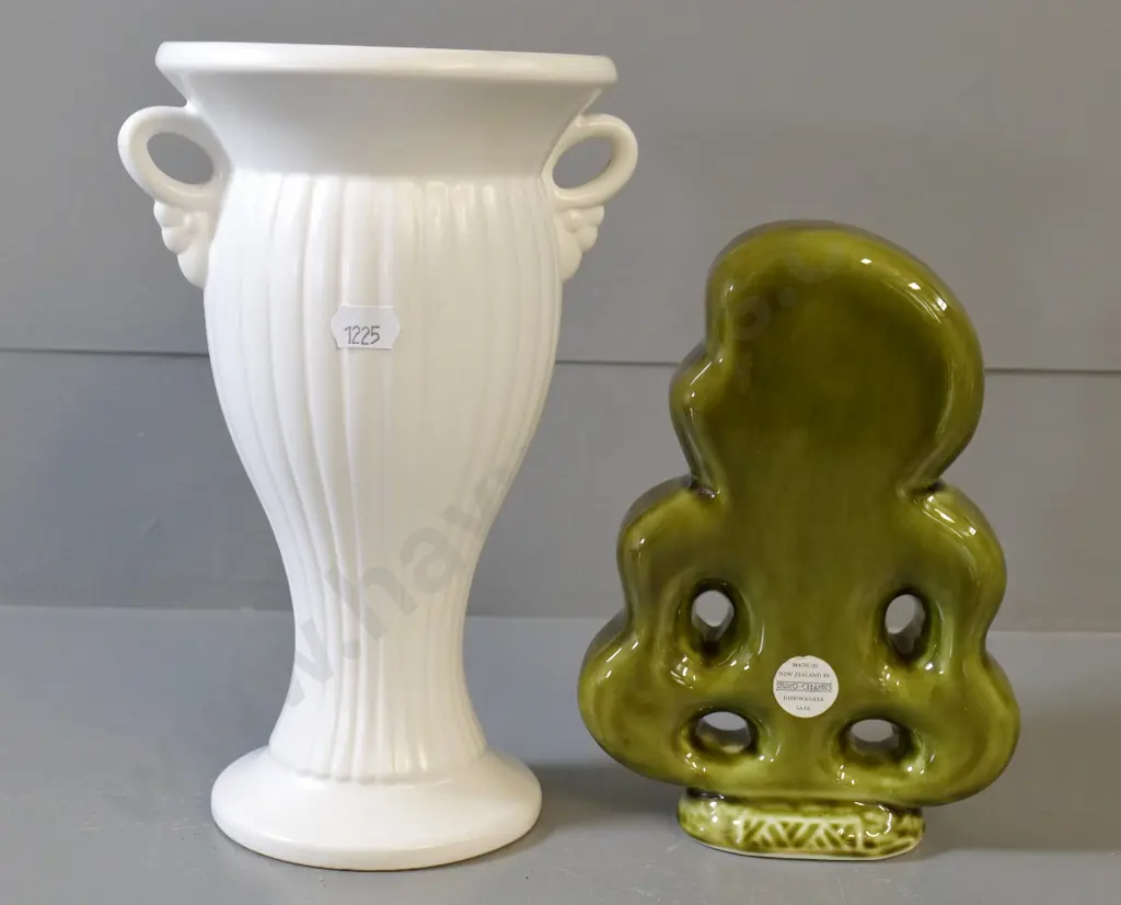 white Crown Lynn vase No. 2082 and a Studio Ceramics tiki figure. Vase is H-220 Image 1++