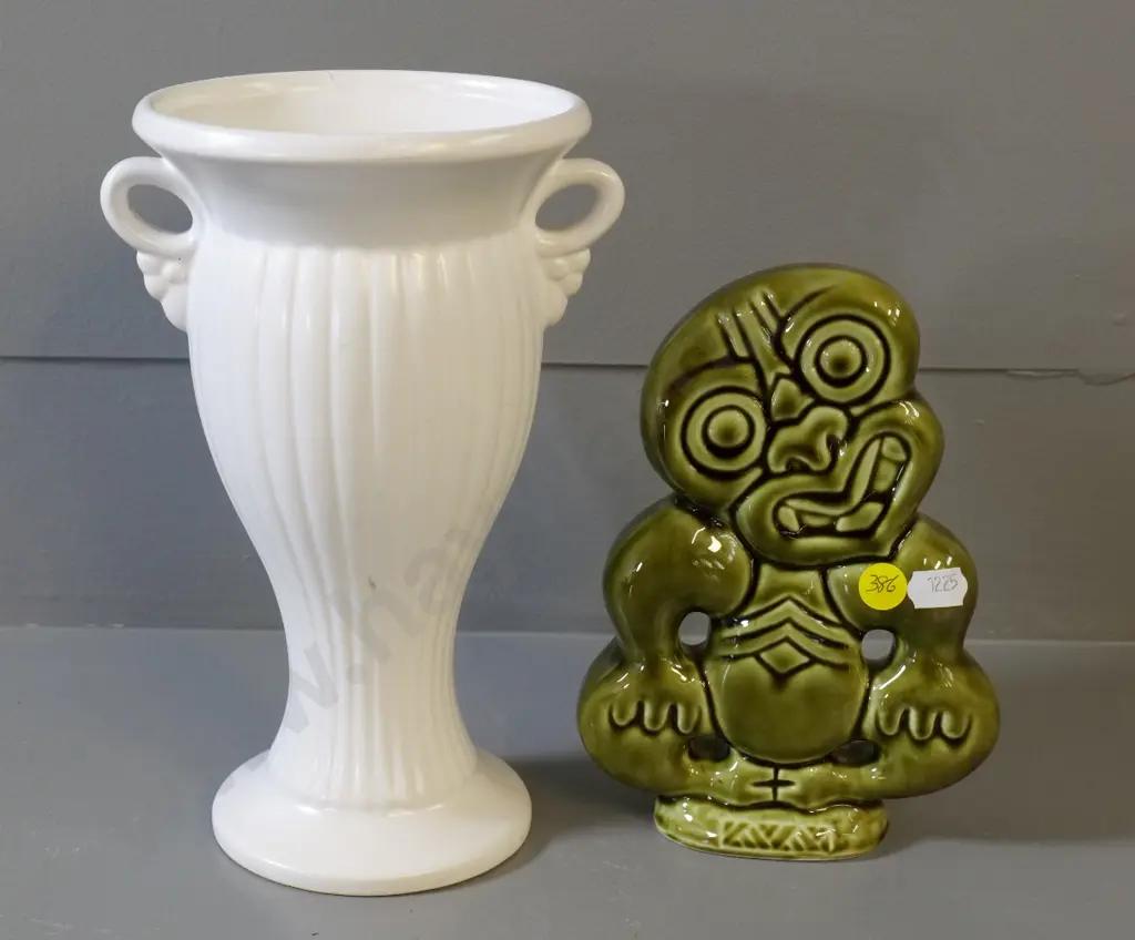 white Crown Lynn vase No. 2082 and a Studio Ceramics tiki figure. Vase is H-220 Image 1++