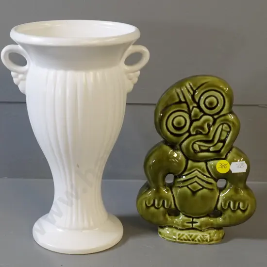 white Crown Lynn vase No. 2082 and a Studio Ceramics tiki figure. Vase is H-220