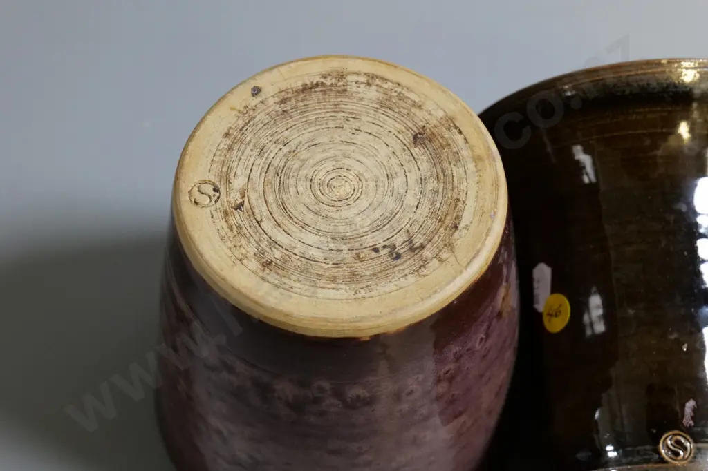 2 studio pottery items, unknown maker - mark is 'S' in circle - each H-150, wider flared vase D-150 Image 1++